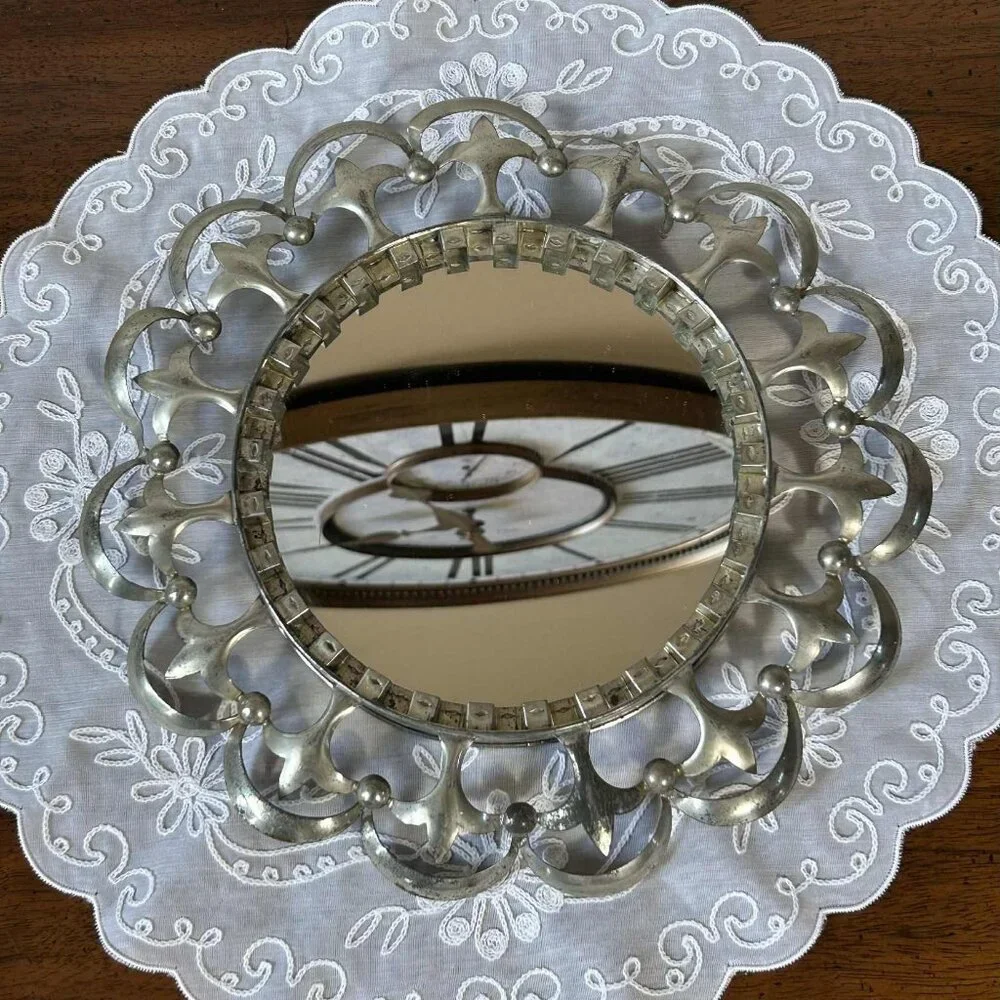Vintage Mexican tin framed round wall mirror